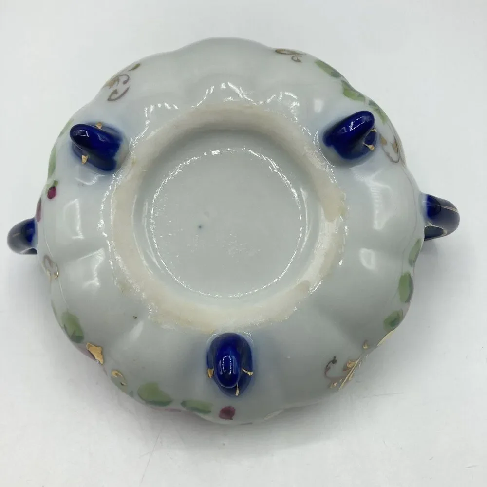 Antique Nippon Flow Blue Floral Creamer & Lidded Sugar Bowl Set Melon Gold Gilt